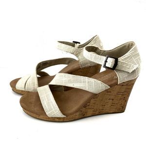 🌙Toms cream linen strappy wedged heeled sandals